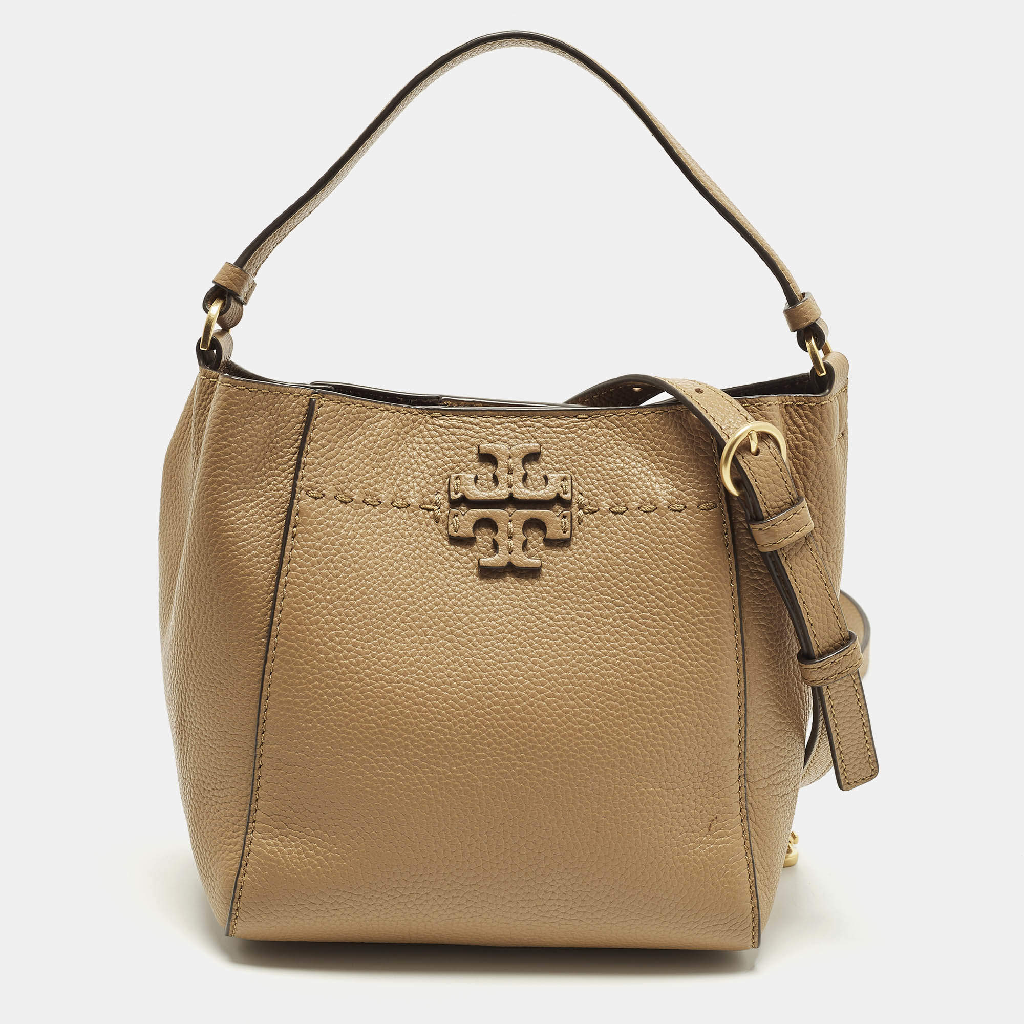Pre Owned Tory Burch McGraw Small Tan Leather Bucket Bag