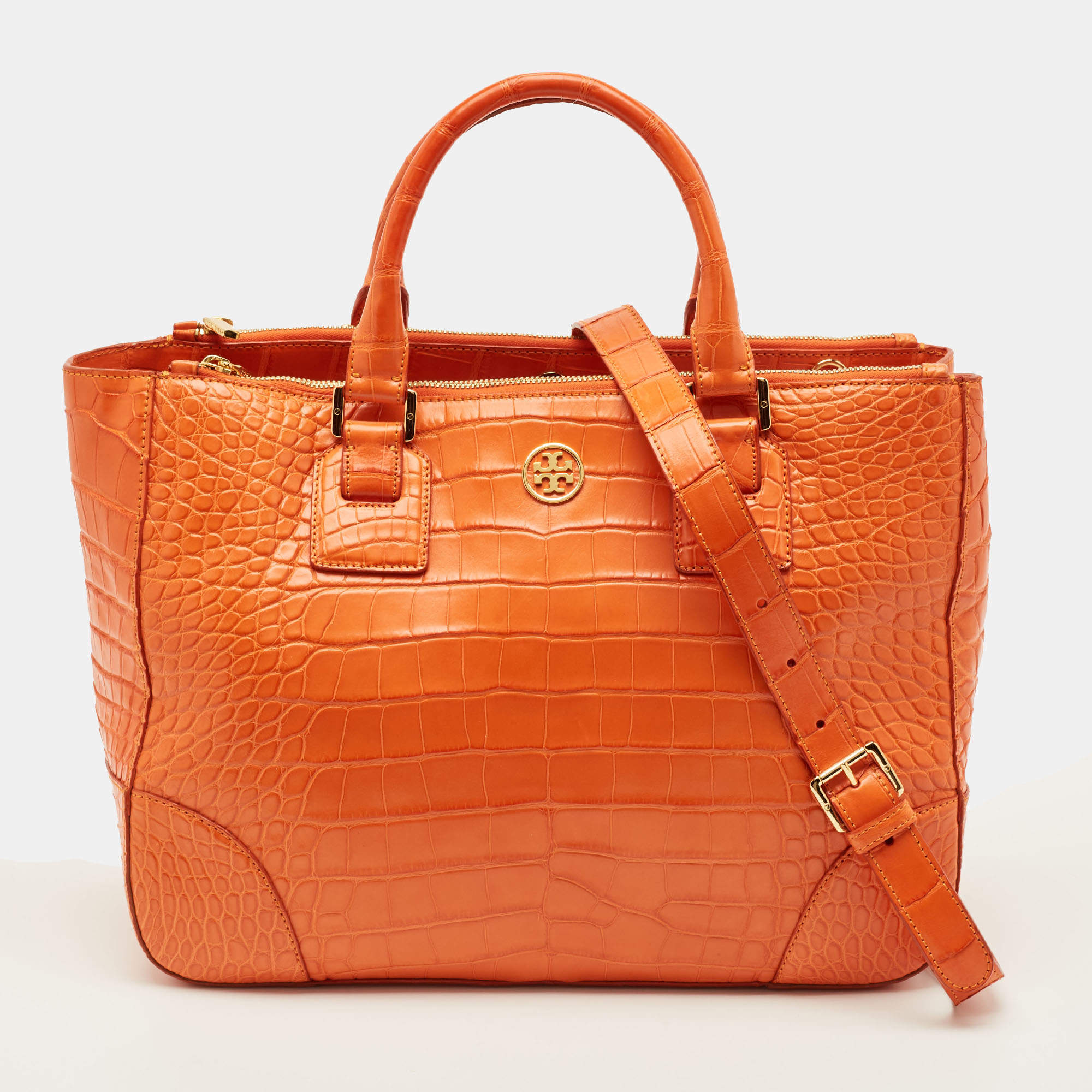 مملوكة مسبقًا Tory Burch Robinson Double Zip Large Orange Croc Embossed Leather Tote