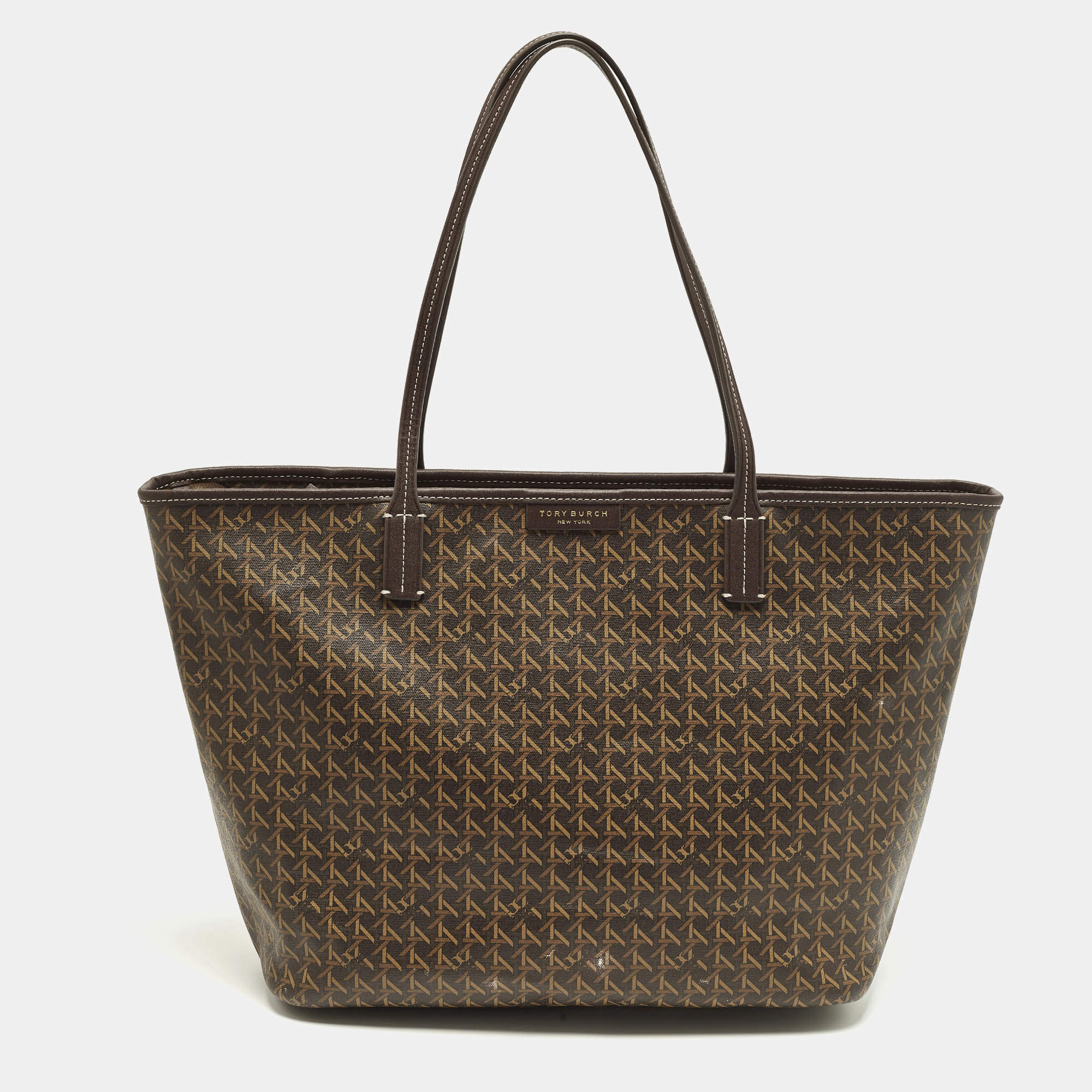 مملوكة مسبقًا Tory Burch Ever Ready Dark Brown Basket Weave Print Coated Canvas Tote