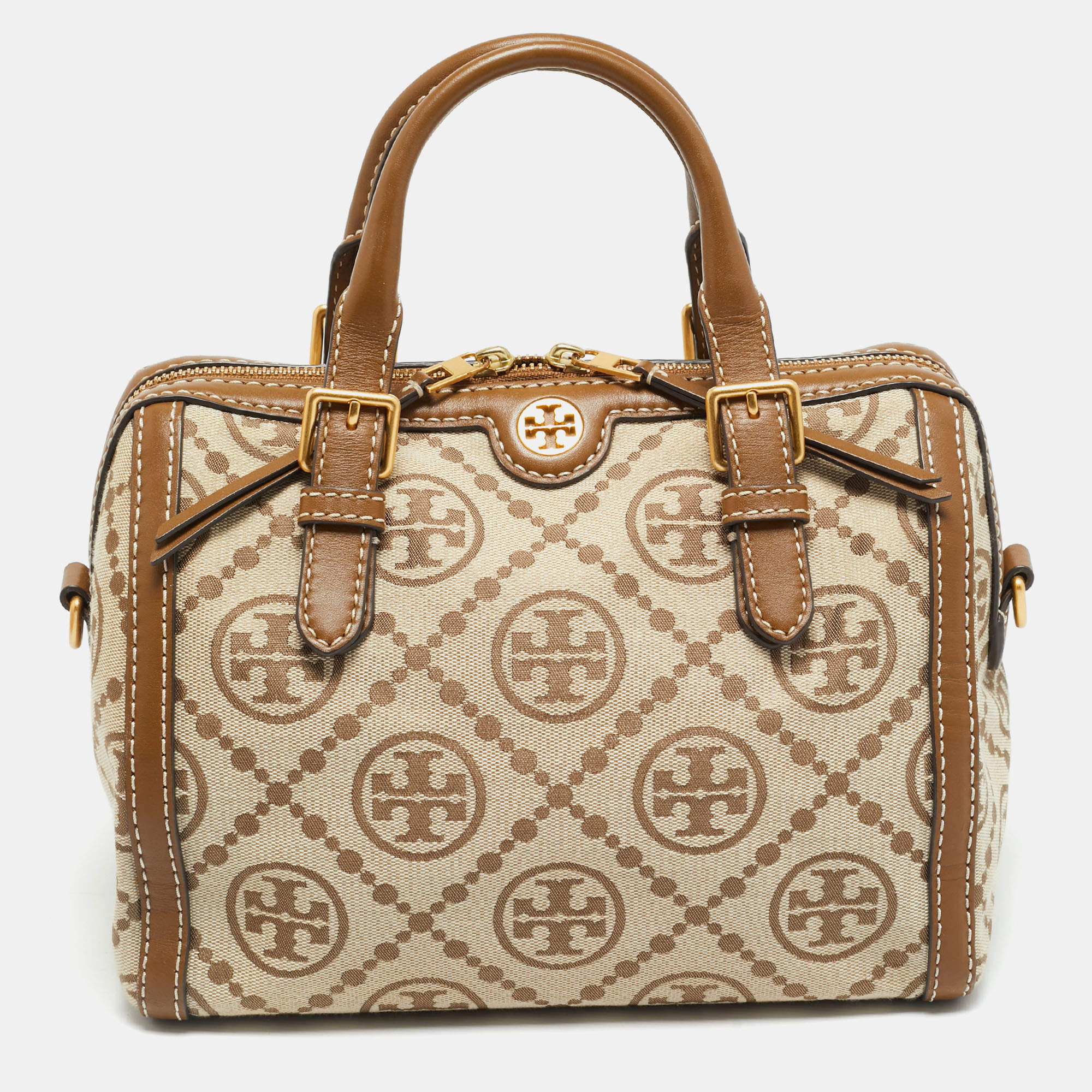 Pre Owned Tory Burch T Monogram Jacquard Tan/Beige Canvas and Leather Duffel Bag