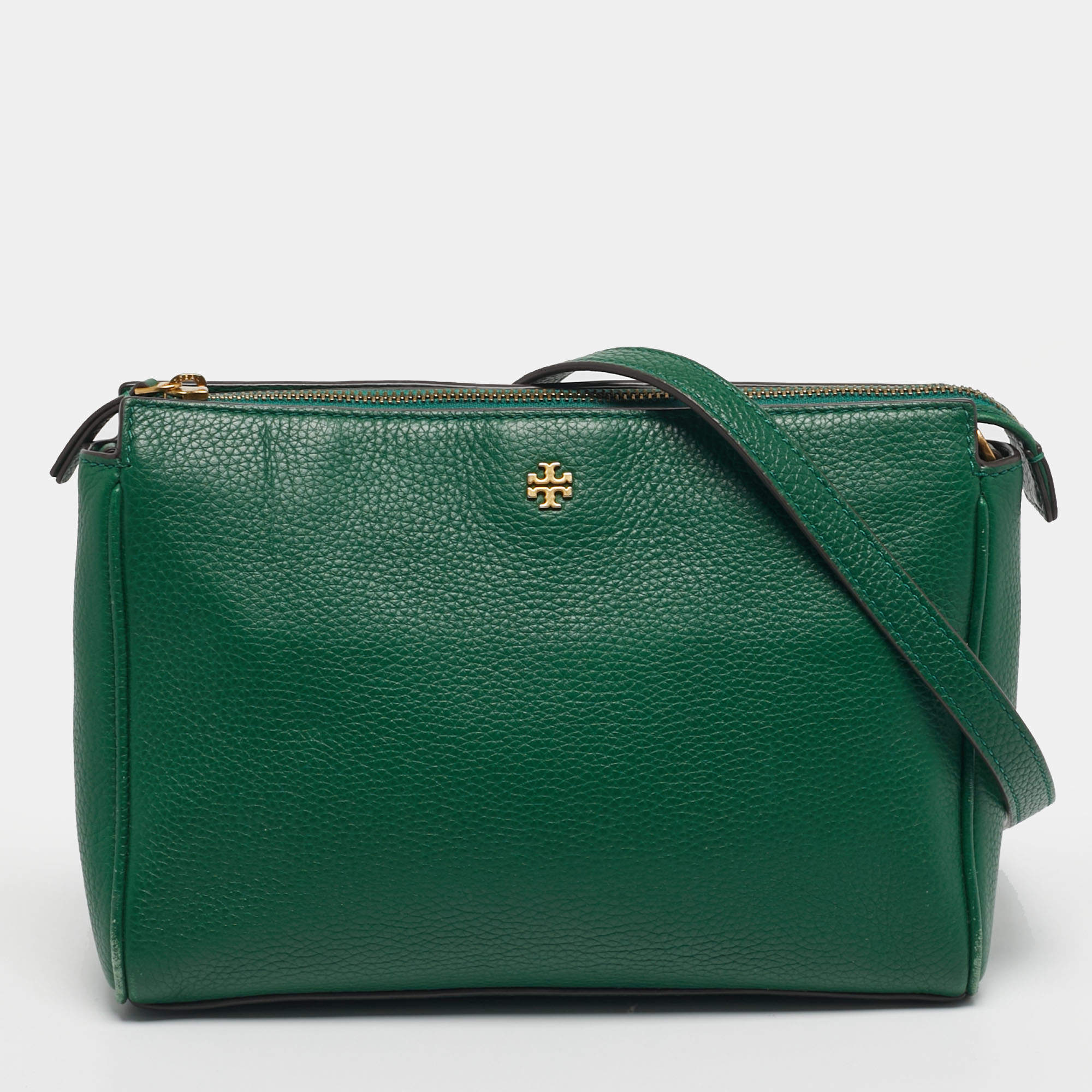 Pre Owned Tory Burch Mercer Zip Green Leather Crossbody Bag