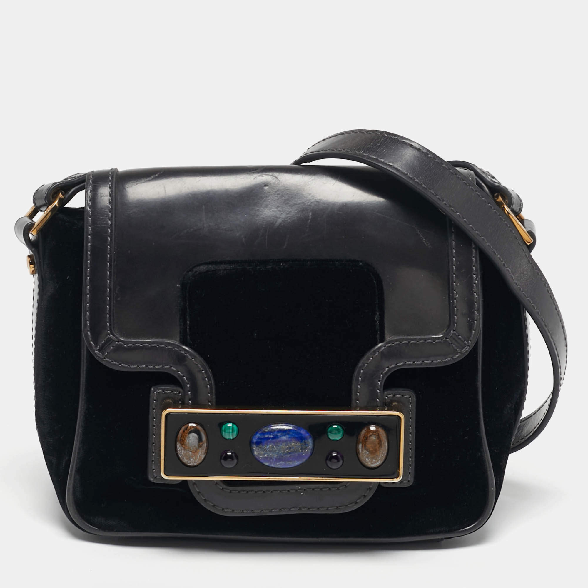 Pre Owned Tory Burch Crystal Embellished Black Leather and Velvet Flap Crossbody Bag