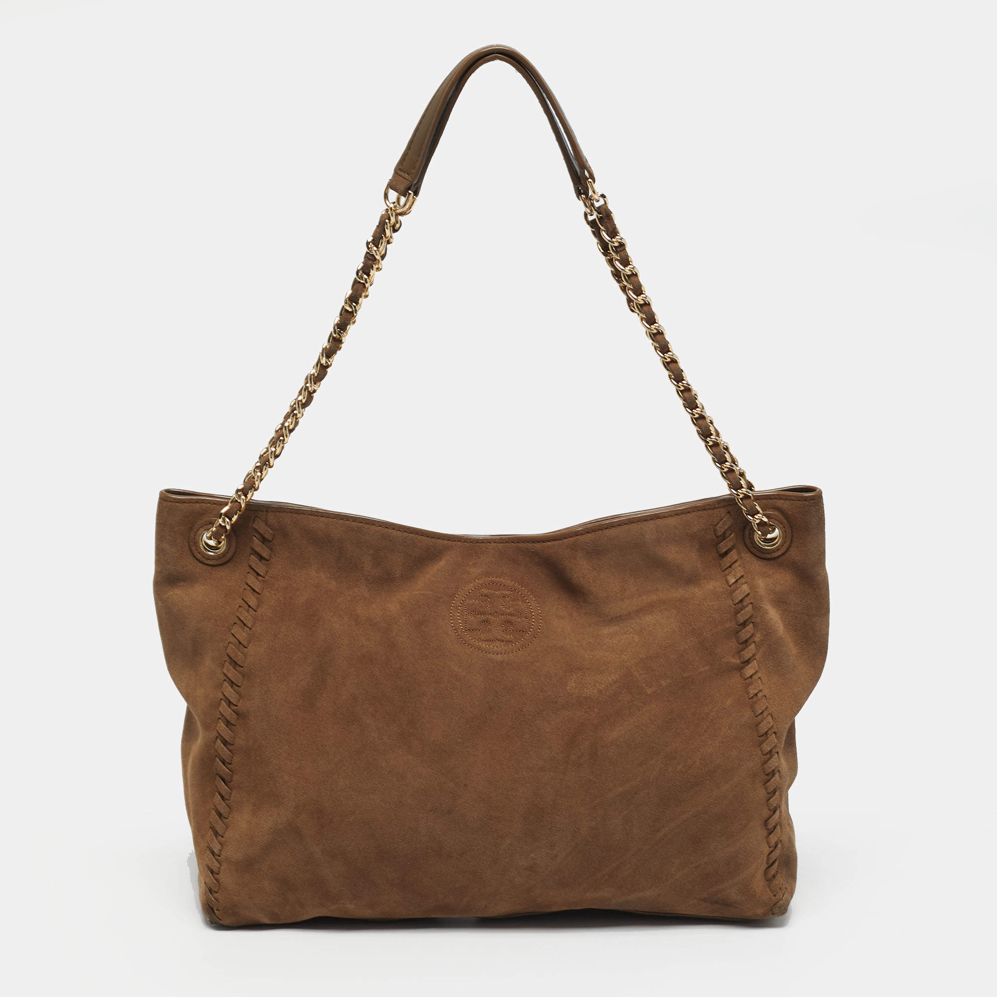 مملوكة مسبقًا Tory Burch Marion Whipstitch Brown Suede Chain Tote