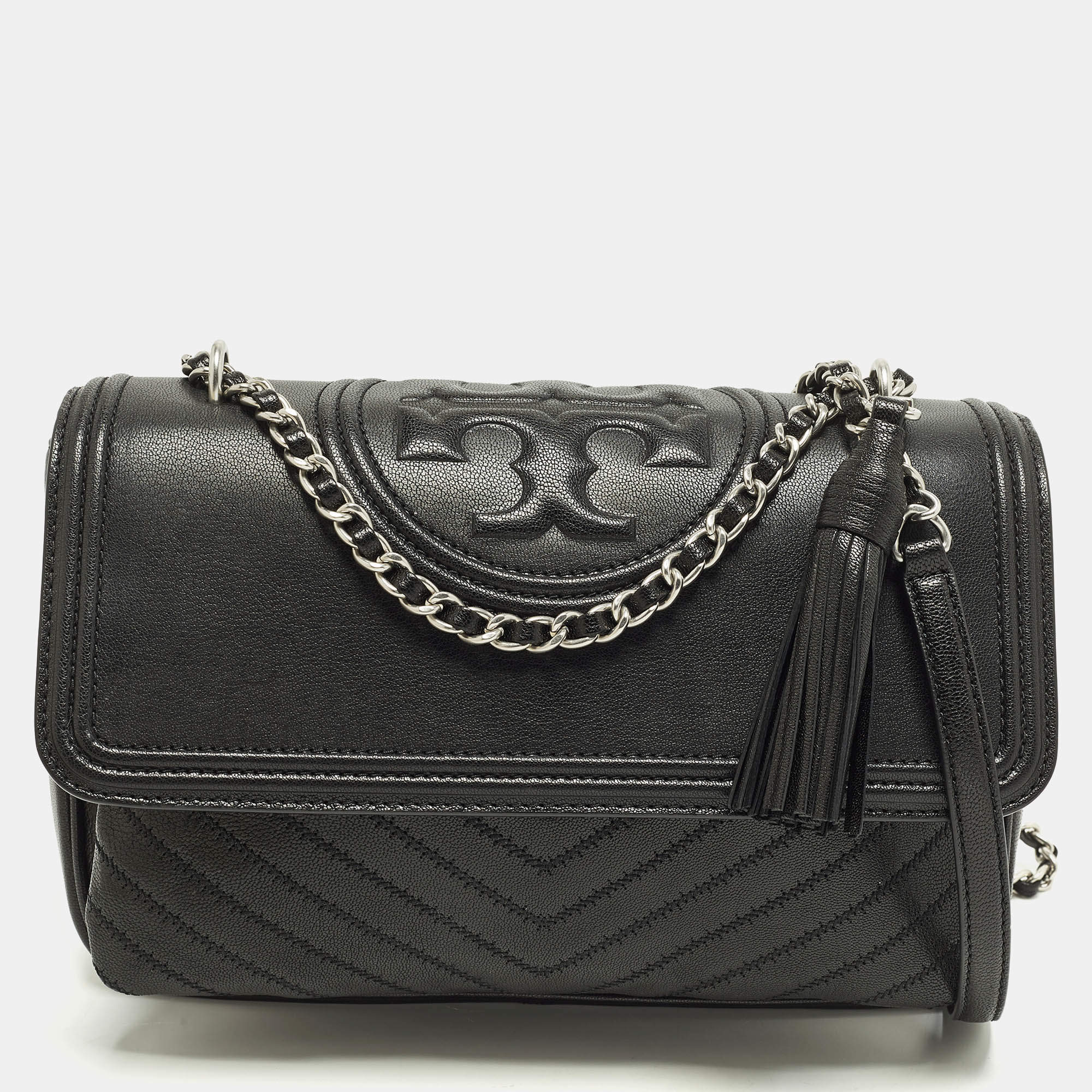 Pre Owned Tory Burch Fleming Black Leather Distressed Flap Shoulder Bag