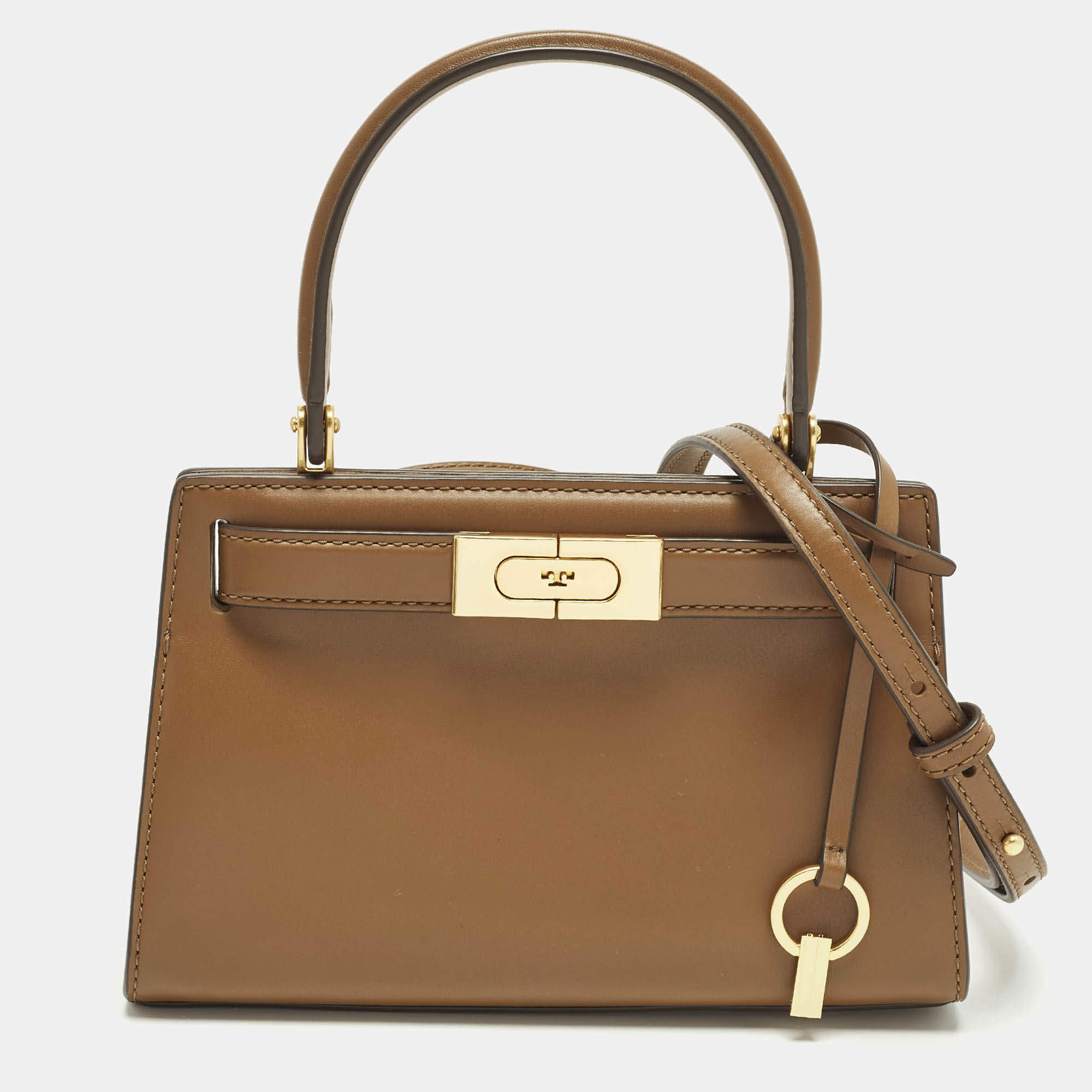 Pre Owned Tory Burch Lee Radziwill Petite Brown Leather Top Handle Bag