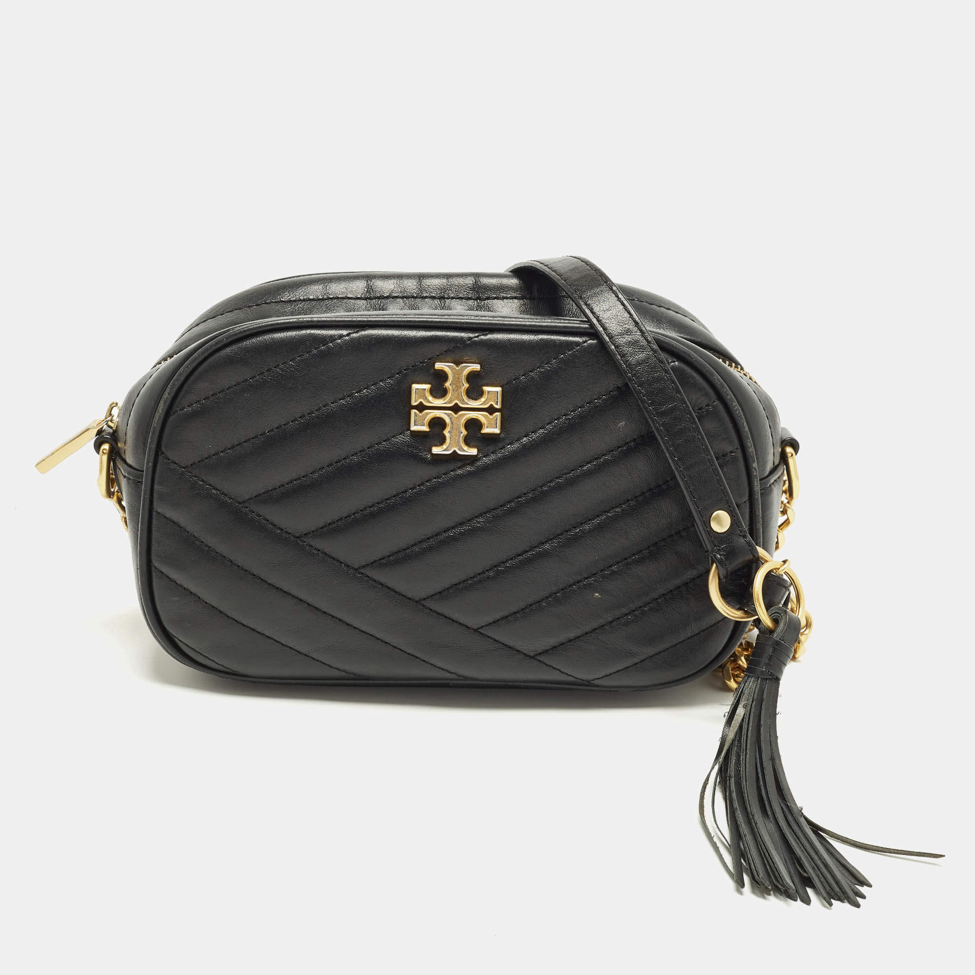 Pre Owned Tory Burch Kira Black Quilted Leather Camera Crossbody Bag