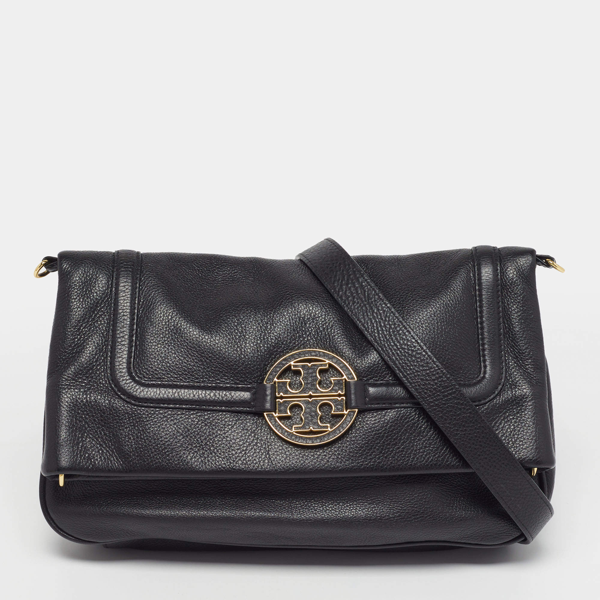 Pre Owned Tory Burch Amanda Foldover Black Leather Crossbody Bag