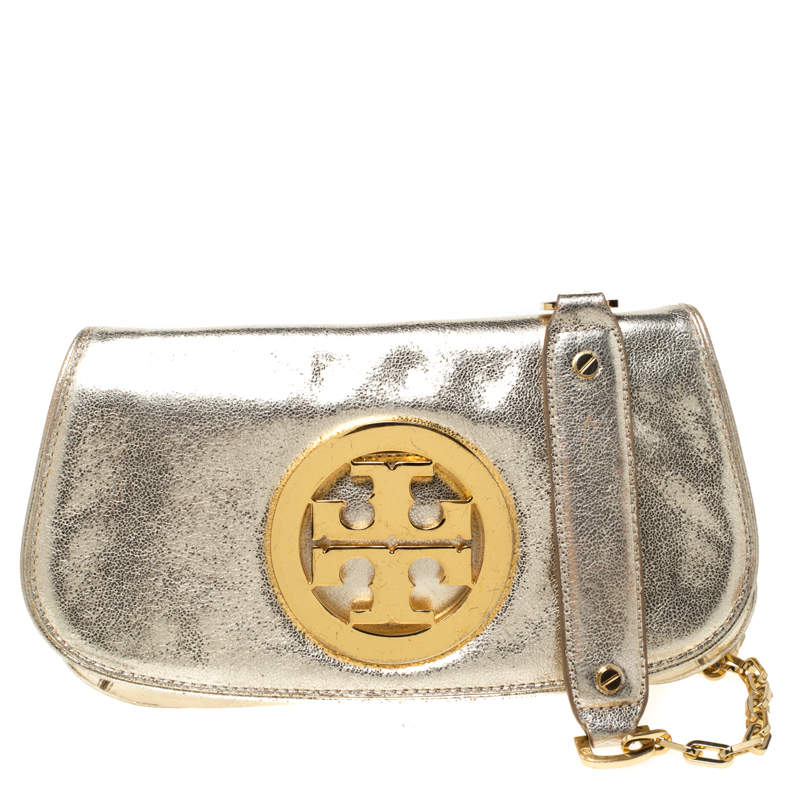 Pre Owned Tory Burch Gold Leather Raphael Logo Crossbody Bag