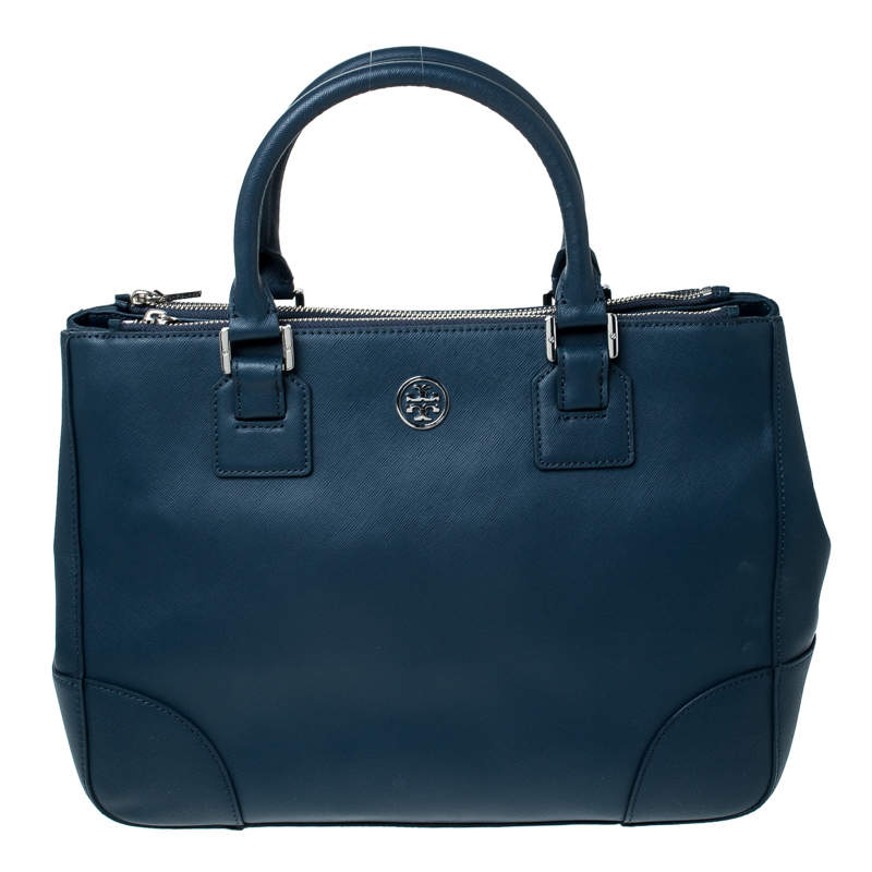 مملوكة مسبقًا Tory Burch Blue Leather Large Double Zip Robinson Tote