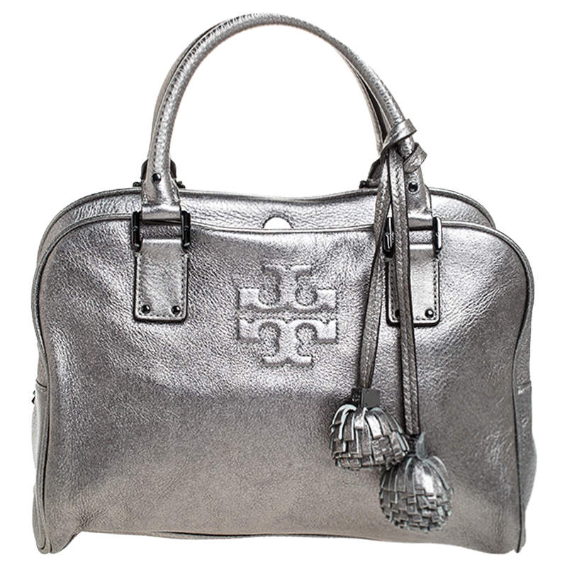 Pre Owned Tory Burch Metallic Dark Grey Boston Bag