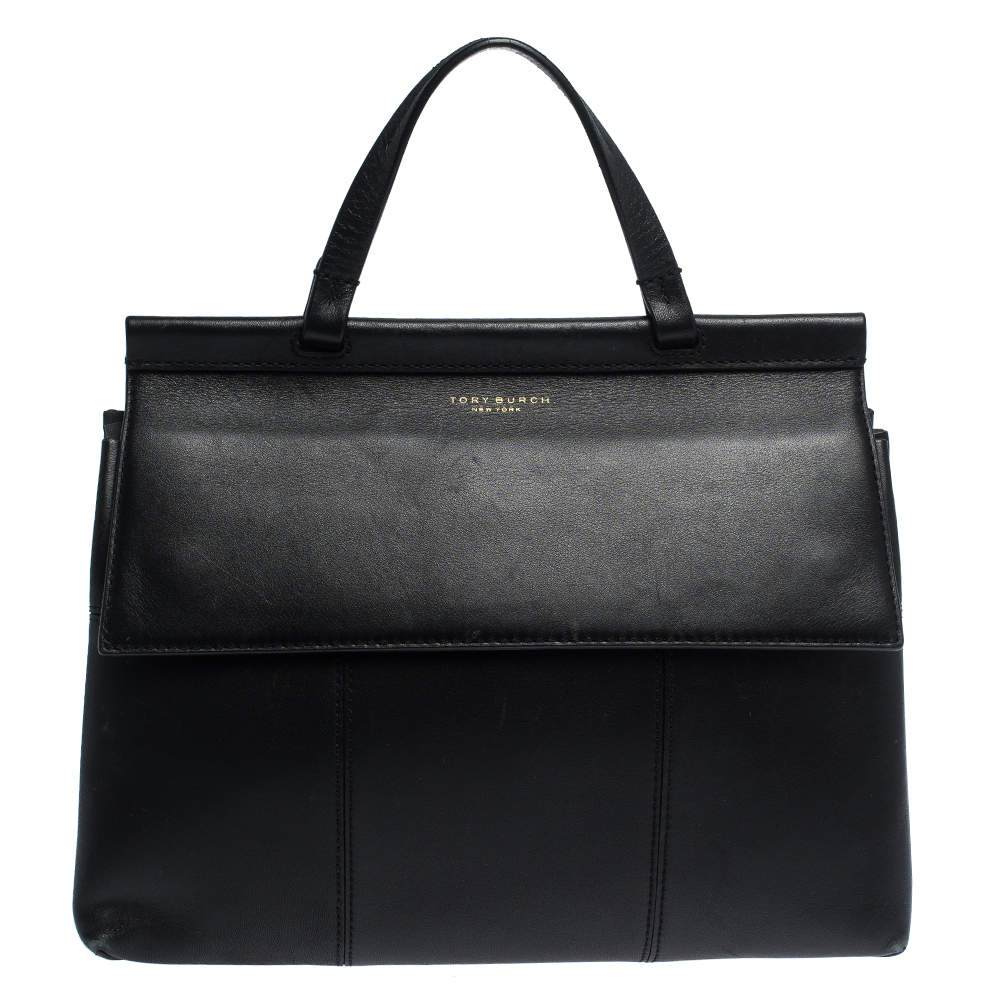 Pre Owned حقيبة توري برش يد علوية Block T جلد سوداء