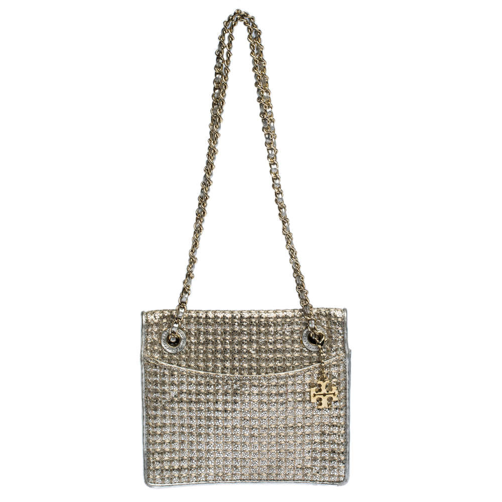 Tory Burch Metallic Silver Leather and Glitters Flap Shoulder Bag Tory ...