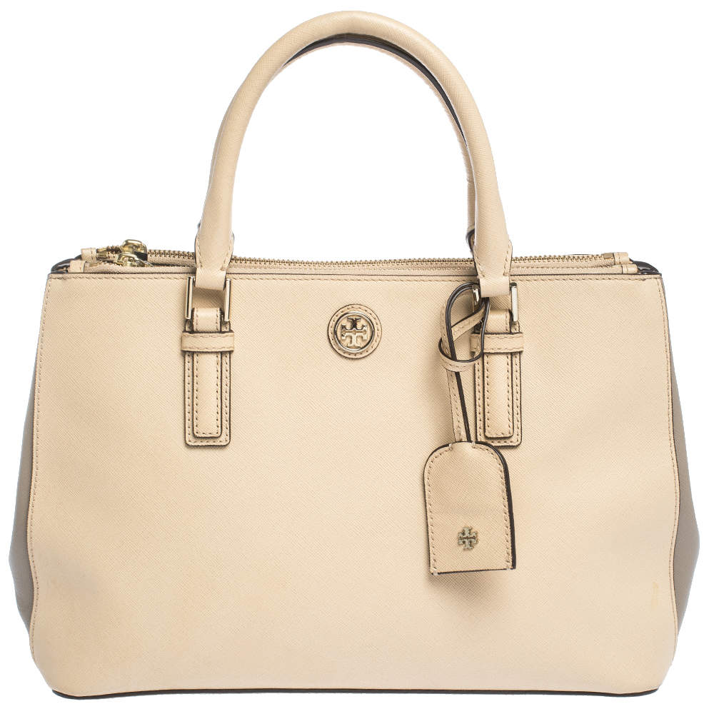Pre Owned  Tory Burch Beige/Grey Leather Robinson Double Zip Tote