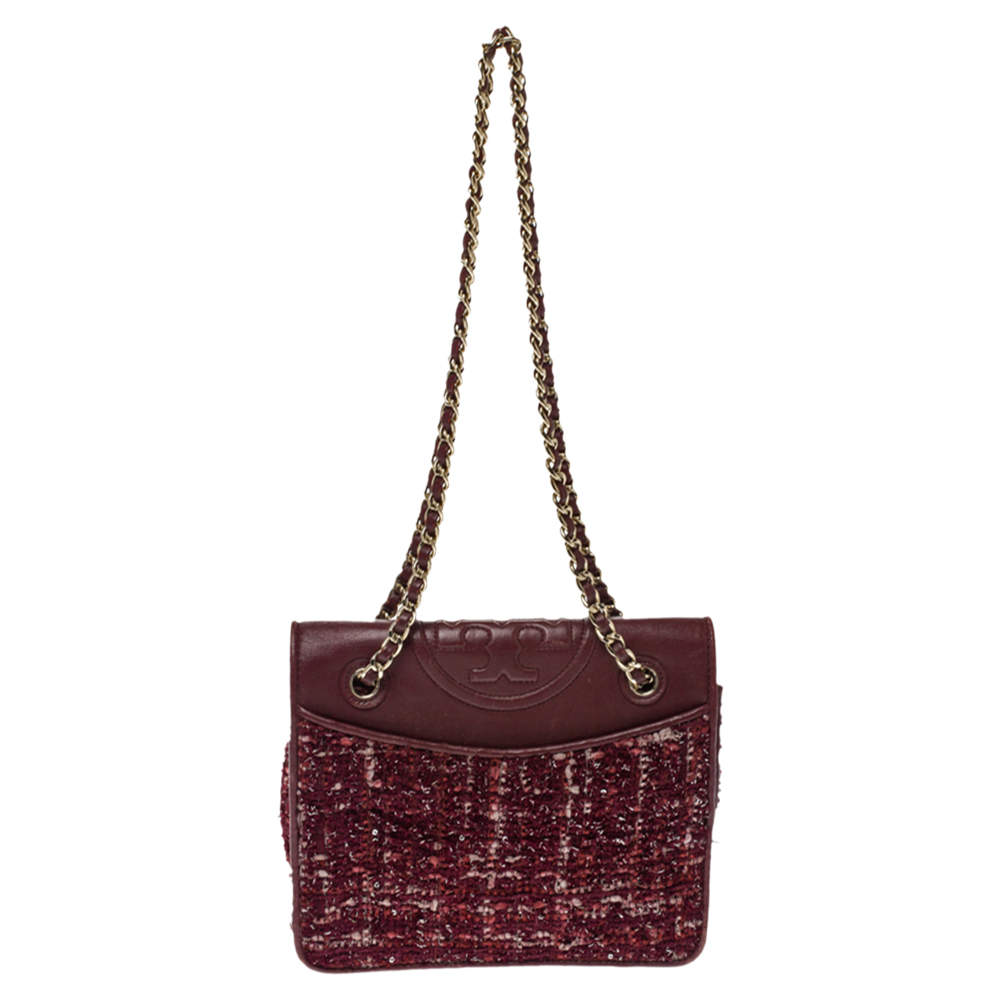 مملوكة مسبقًا Tory Burch Red Tweed and Leather Fleming Chain Shoulder Bag