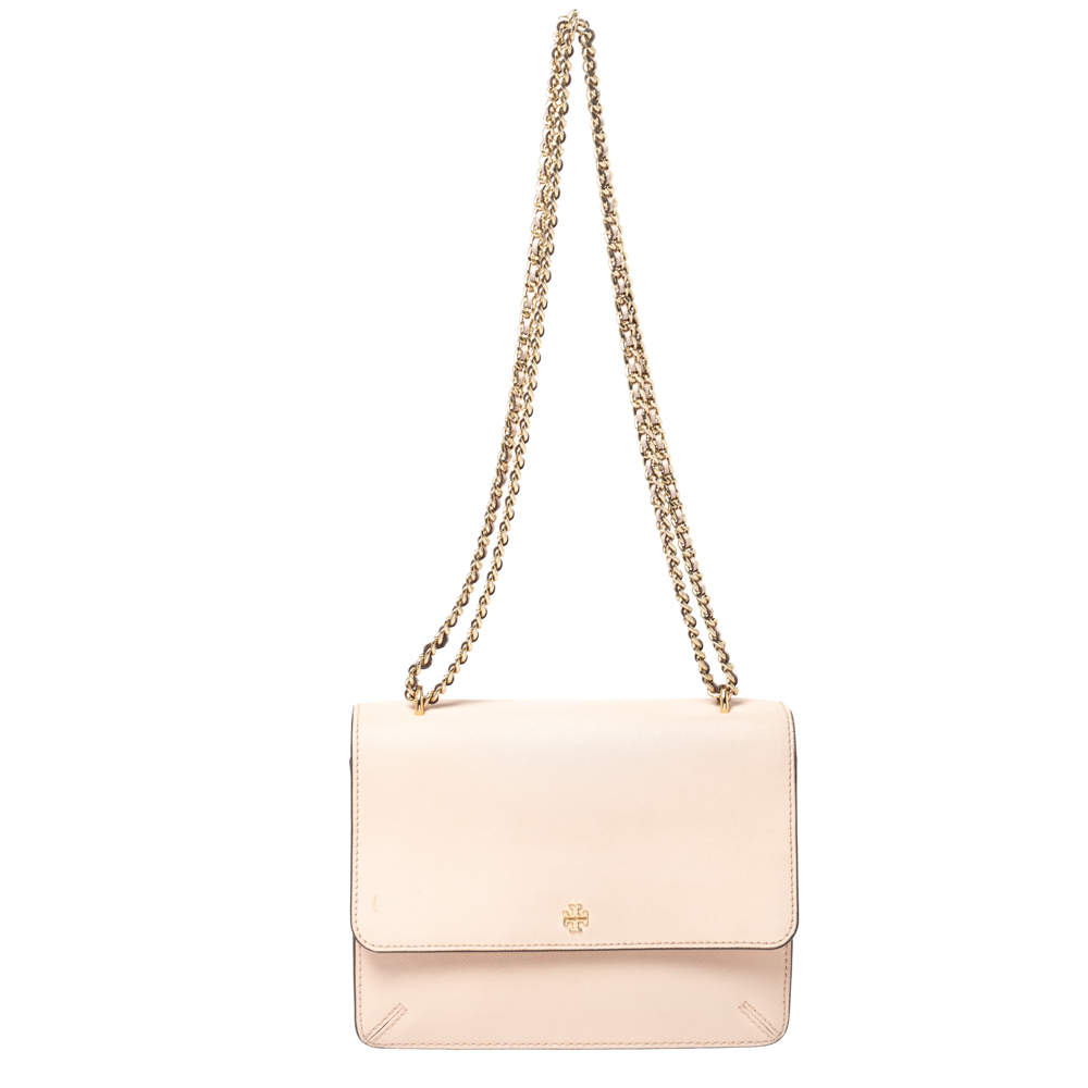 Pre Owned Tory Burch Coral Pink Leather Flap Shoulder Bag