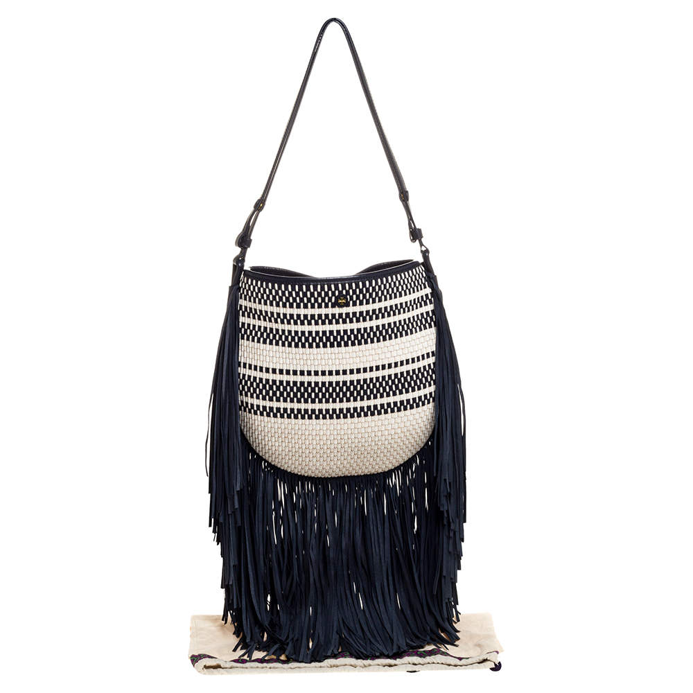 Tory Burch Blue/White Woven Leather and Fabric Fringe Hobo Tory Burch | TLC