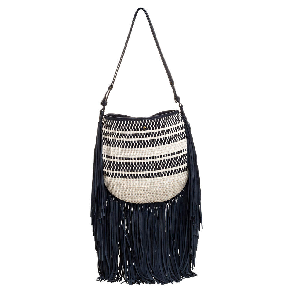 Tory Burch Blue/White Woven Leather and Fabric Fringe Hobo