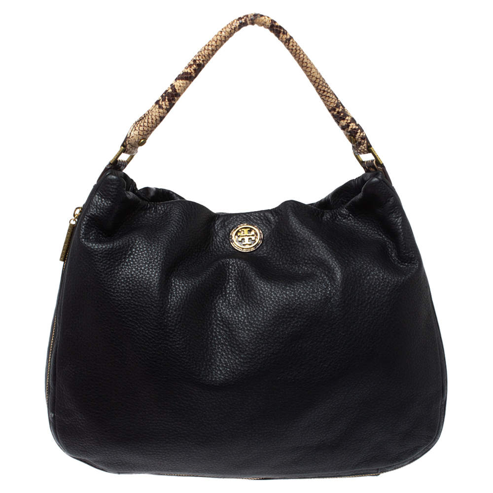 Pre Owned Tory Burch Black/Beige Leather and Snakeskin Effect Hobo