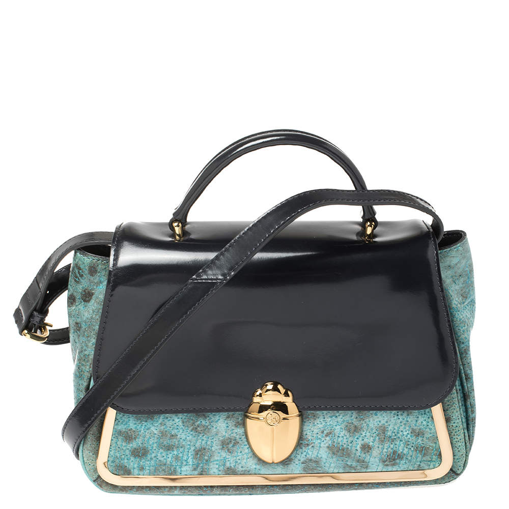 Pre Owned Tory Burch Navy Blue/Turquoise Leather Top Handle Bag