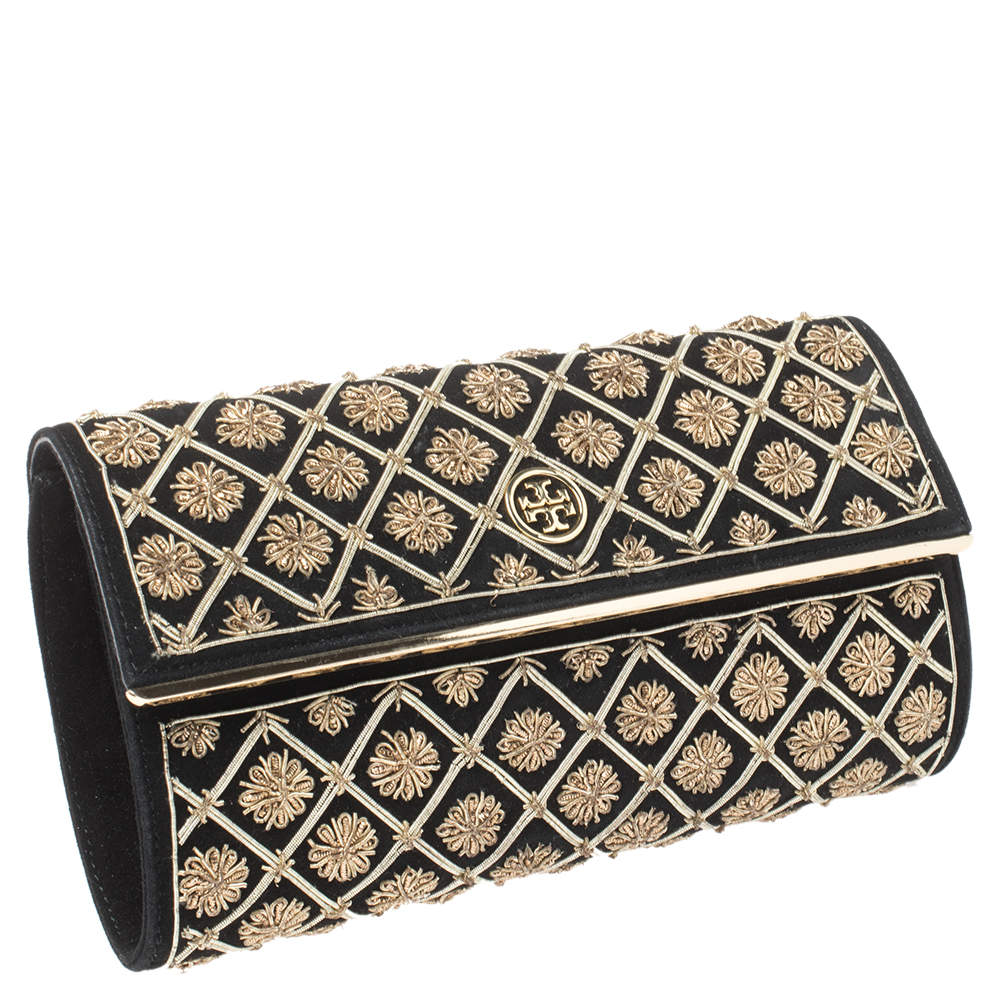 Tory Burch Black Quilted Suede Bria Embellished Flap Clutch Tory Burch | TLC