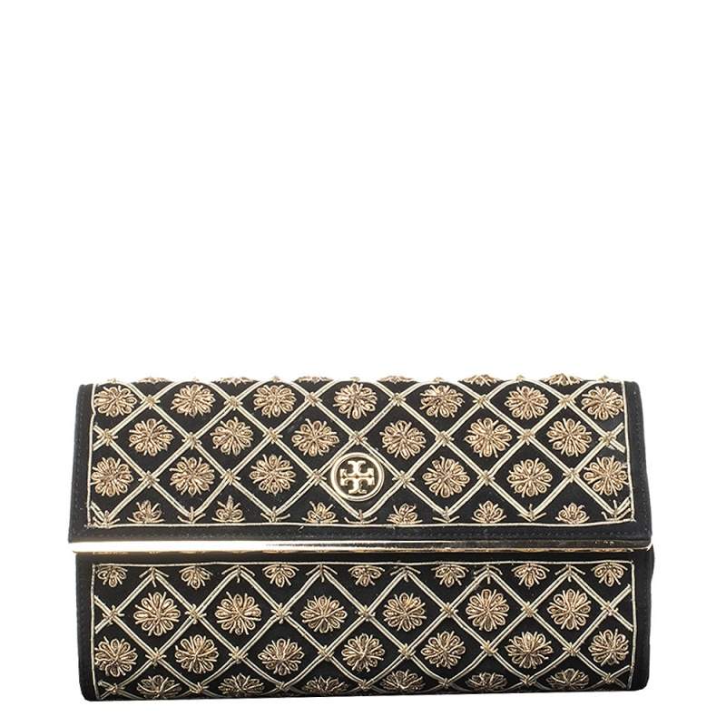 Tory Burch Black Quilted Suede Bria Embellished Flap Clutch
