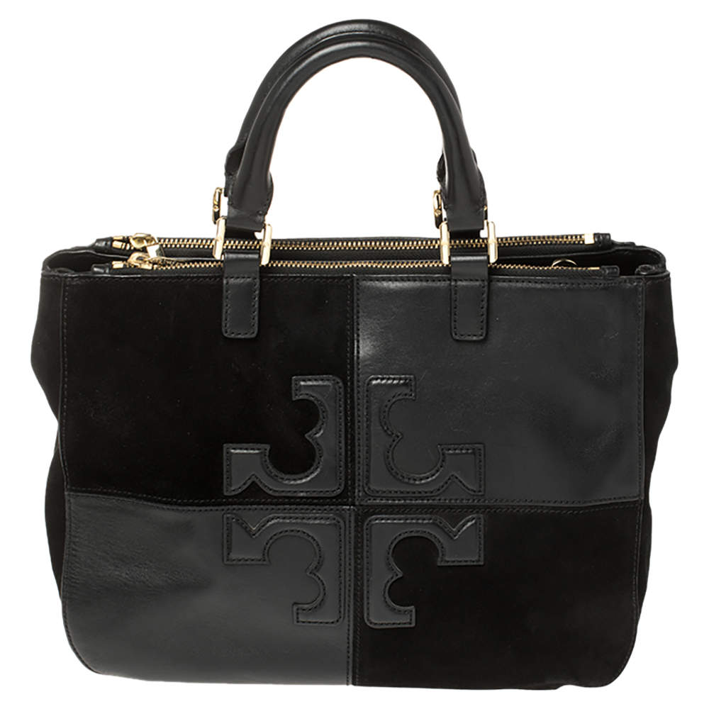 Pre Owned Tory Burch Black Leather and Suede Natalie Satchel
