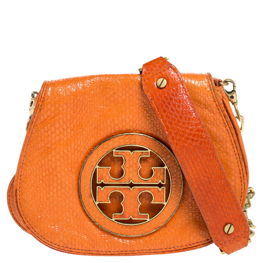Tory Burch Orange Python Embossed Leather Amanda Crossbody Bag