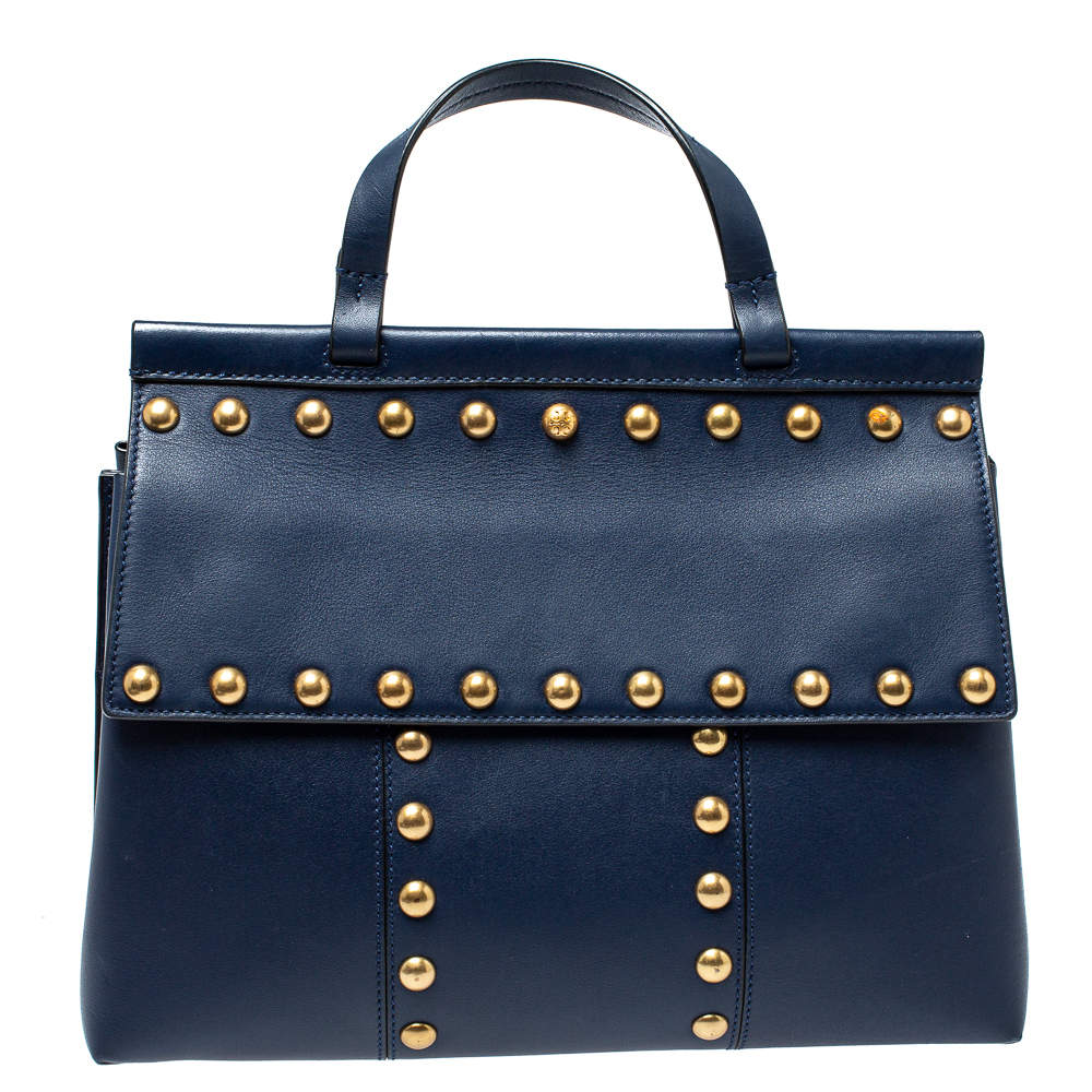 Pre Owned حقيبة يد تورى برش يد علوية  ترصيعات حرف تى عريضة جلد كحلية 