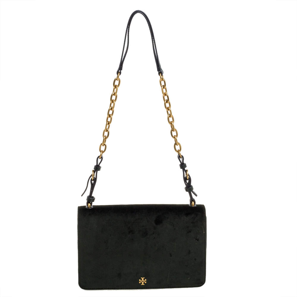 Tory Burch Dark Green Velvet and Leather Sadie Shoulder Bag Tory Burch