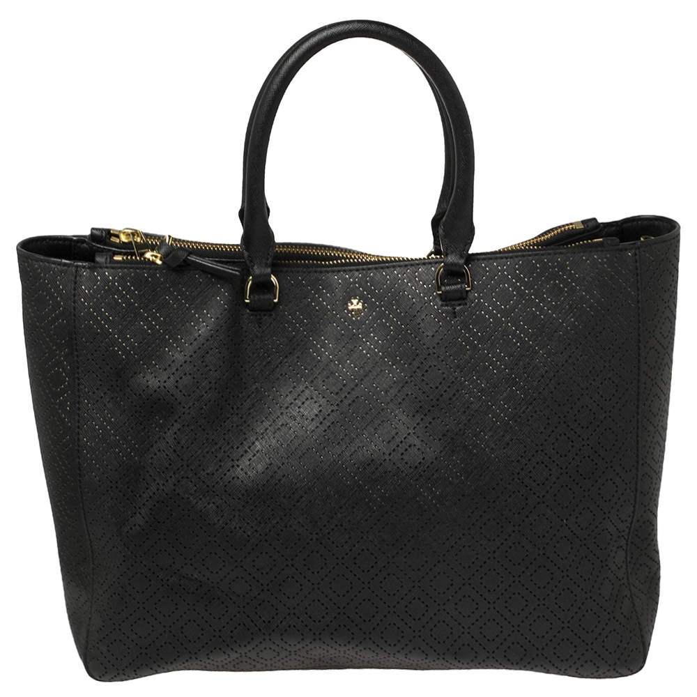 Pre Owned Tory Burch Black Perforated Saffino Leather Robinson Tote