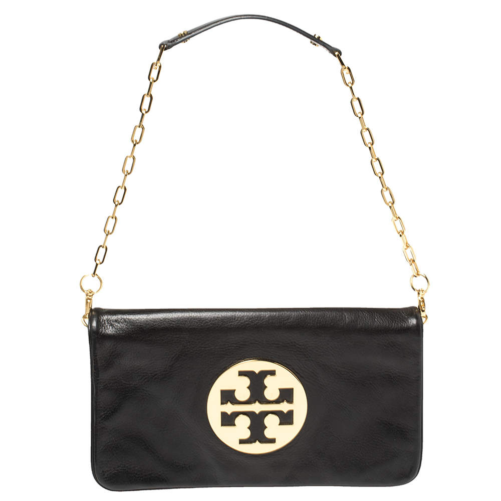 Pre Owned حقيبة كلتش توري برش "ريفا" قلاب و سلسلة جلد أسود