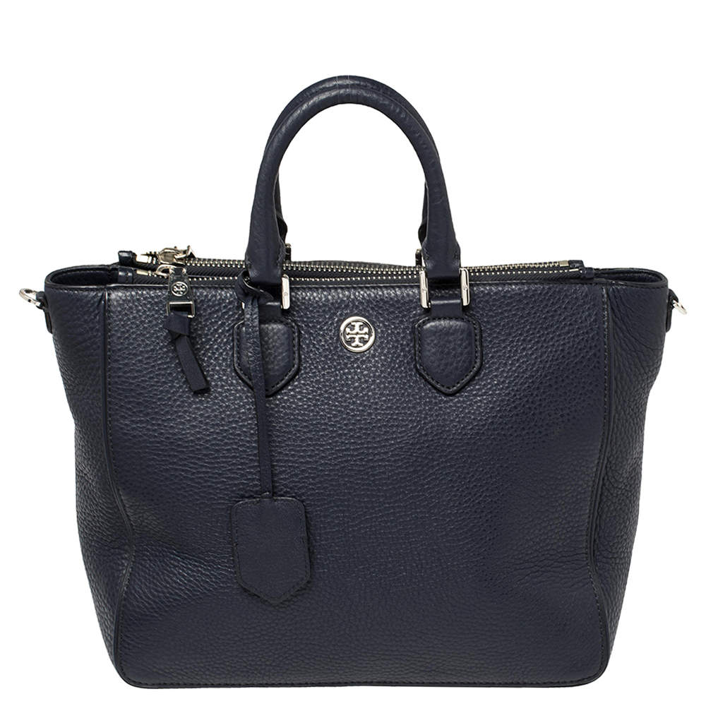 Pre Owned Tory Burch Navy Blue Leather Robinson Double Zip Tote 