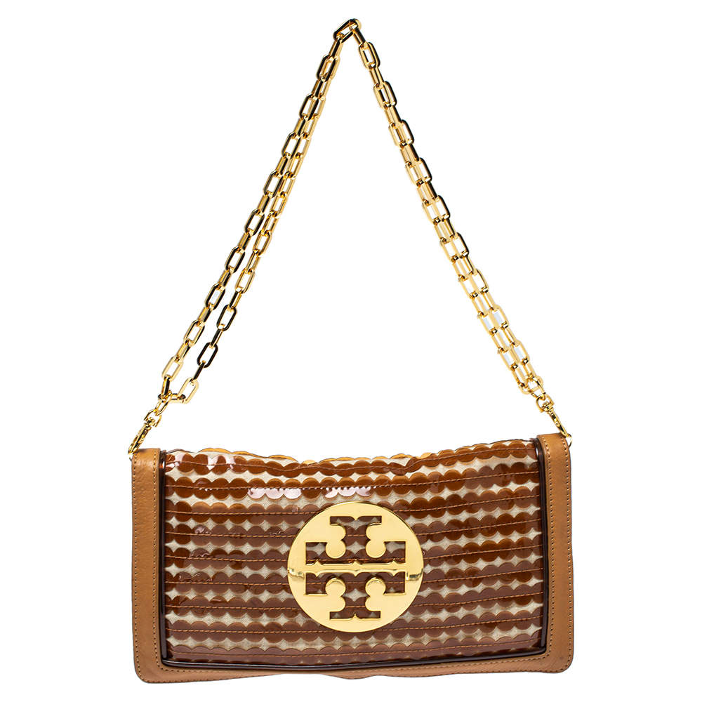 مملوكة مسبقًا حقيبة كلتش توري برش ريفا قلاب سلسلة جلد و قماش و بلاستيك مشمع تفريغات ذهبي و بني 