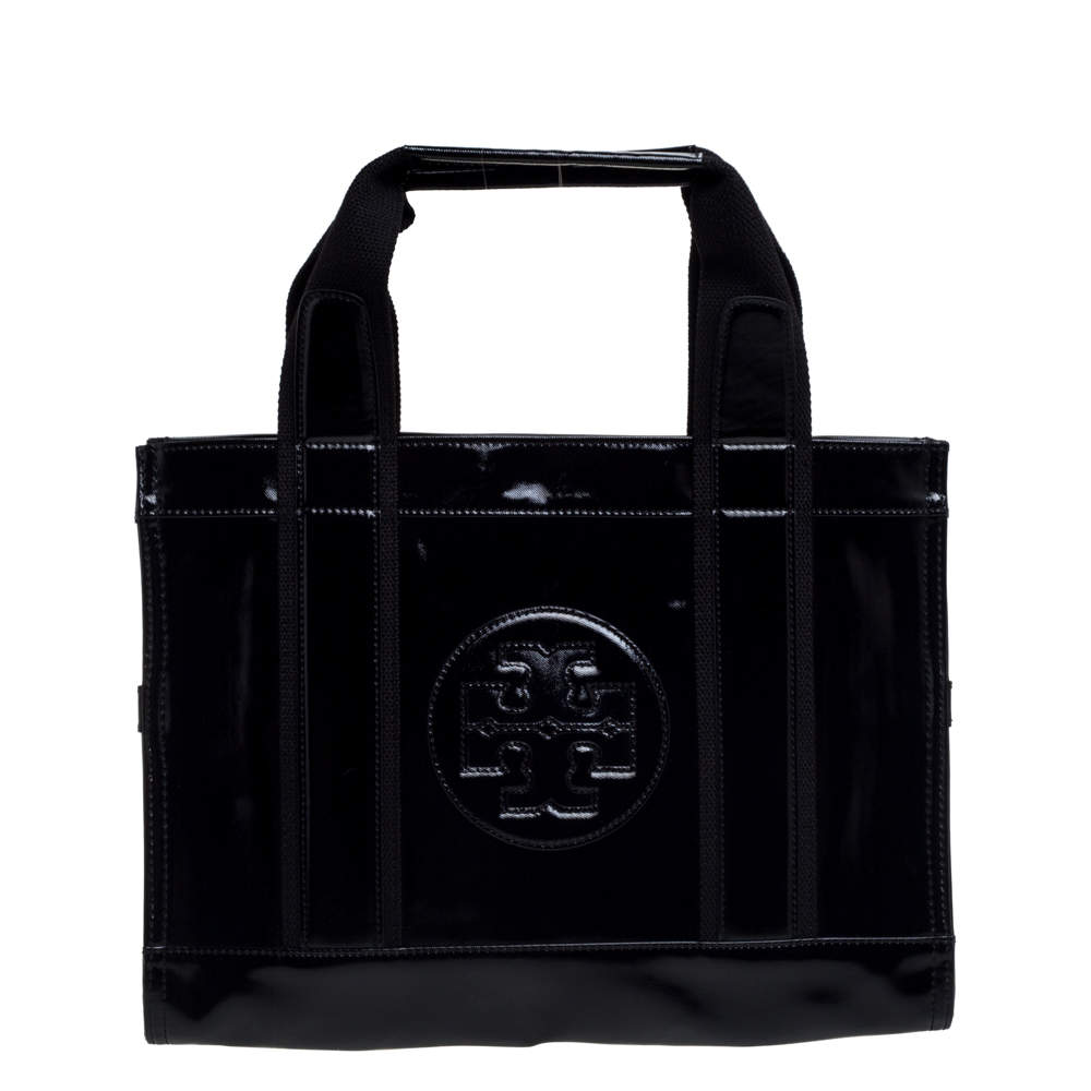 Pre Owned Tory Burch Black Patent Leather and Canvas Mini Tory Tote