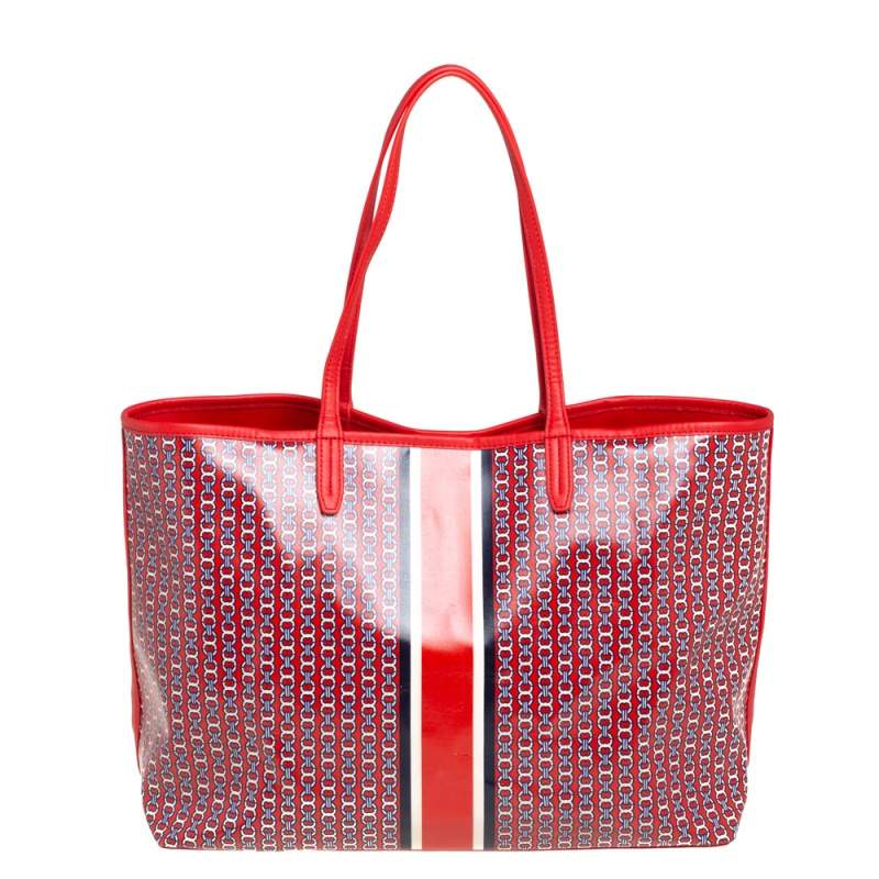 Tory Burch Gemini top Link Coated Canvas Large Tote Bag in Exotic Red Black Stripe