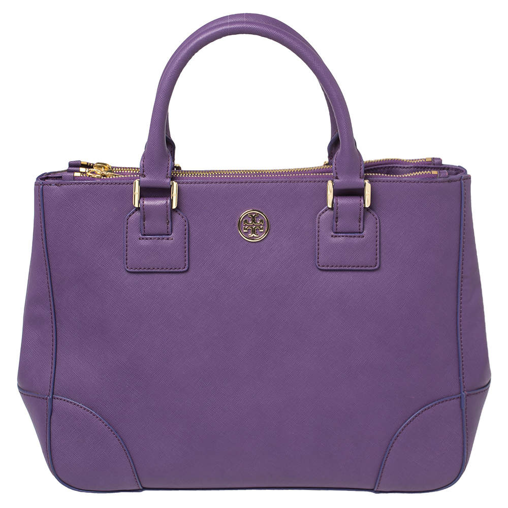 Pre Owned Tory Burch Purple Leather Robinson Double Zip Tote