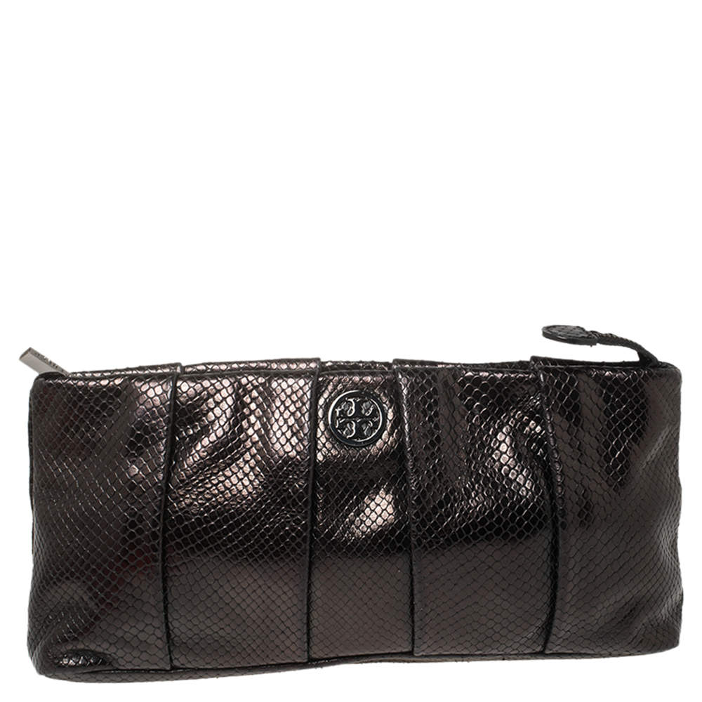 Tory Burch Black Python Embossed Leather Clutch