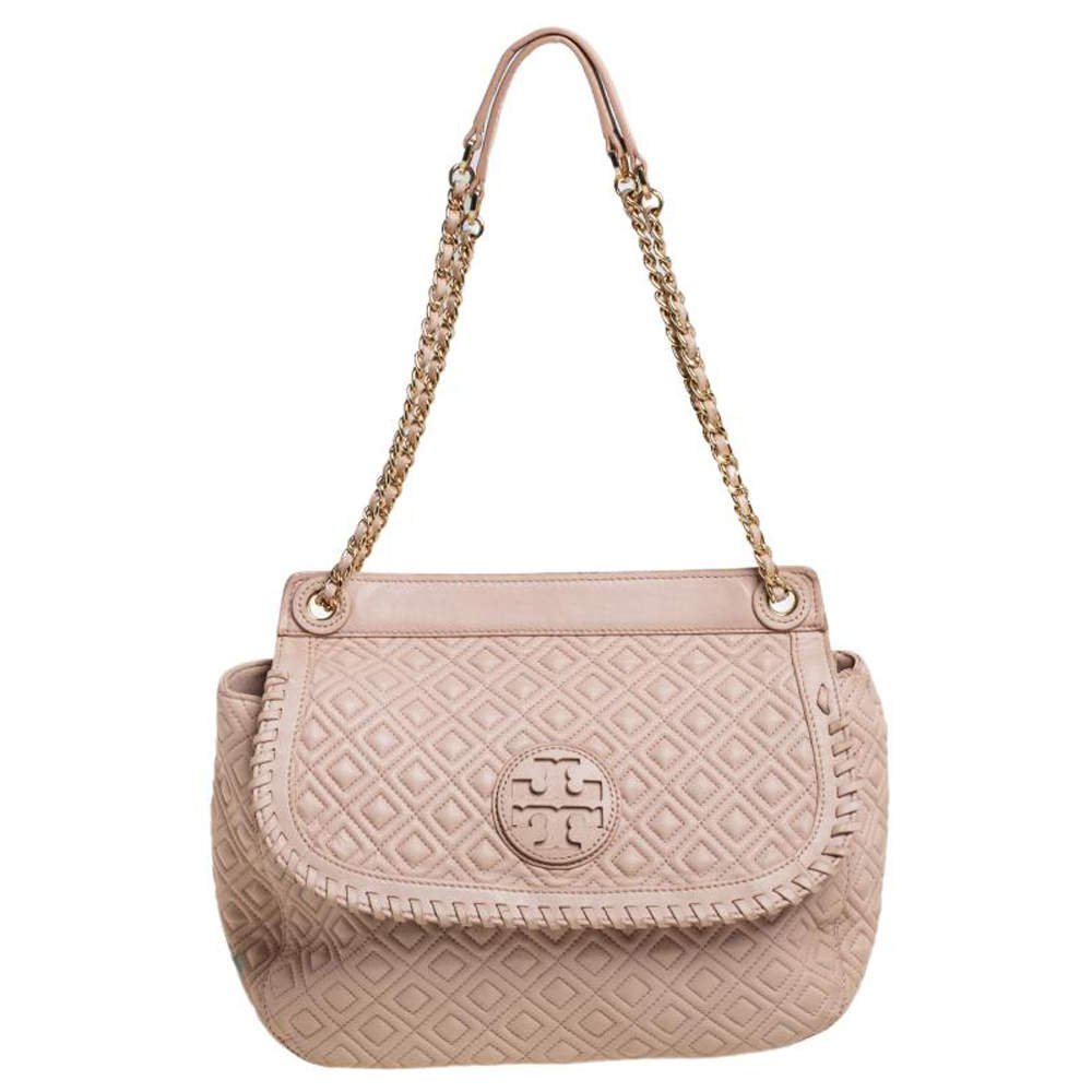 Pre Owned Tory Burch Beige Quilted Leather Marion Shoulder Bag