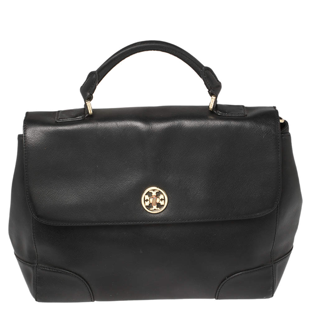 Toy Burch Black Leather Robinson Flap Top Handle Bag