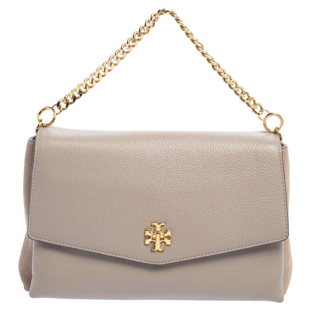 Pre Owned Tory Burch Dark Beige Leather and Suede Kira Shoulder Bag