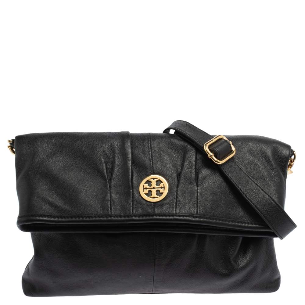 Pre Owned Tory Burch Black Leather Fold Over Messenger  Bag