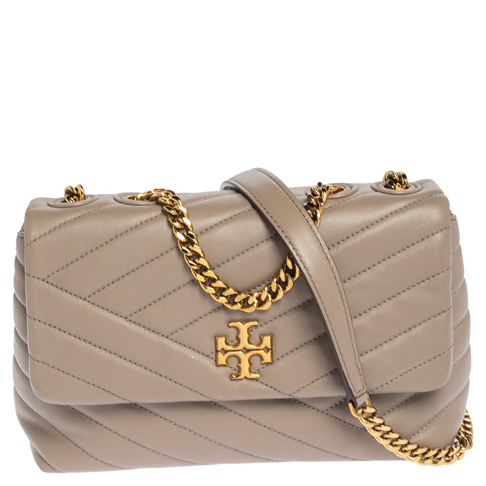 Pre Owned Tory Burch Grey Chevron Leather Small Kira Shoulder Bag