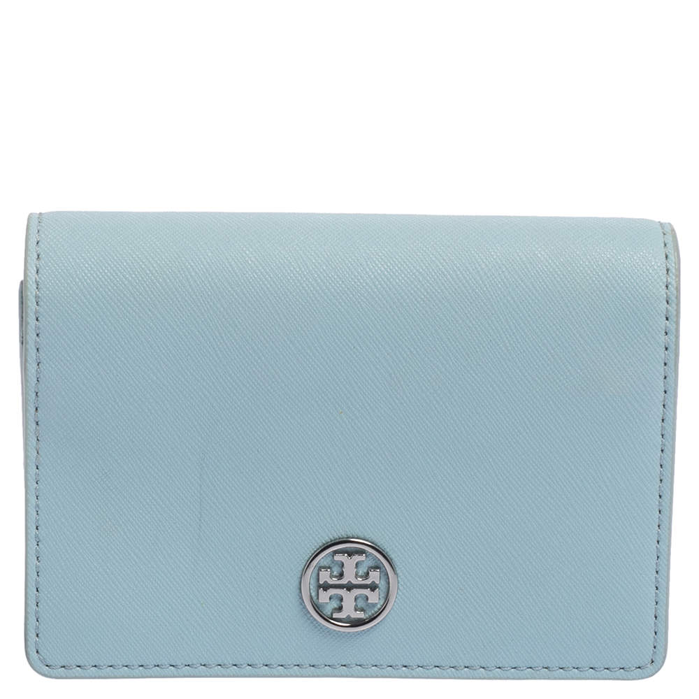 Pre Owned Tory Burch Sky Blue Saffiano Leather Robinson Trifold Wallet