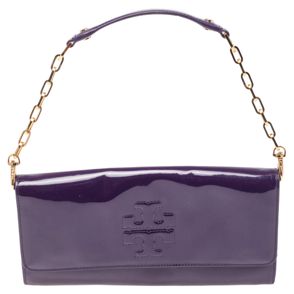 Pre Owned Tory Burch Purple Patent Leather Logo Embossed Flap Chain Clutch