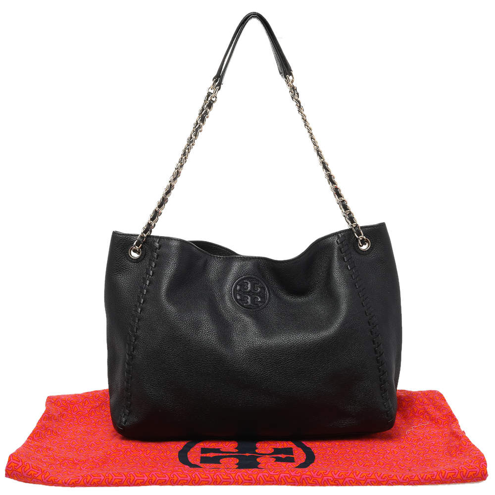 Tory Burch Marion Slouchy Tote Leather Bag Chain/ Woven Leather Strap Black
