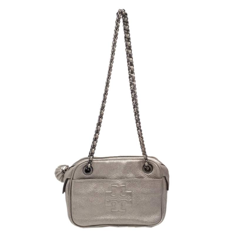Tory Burch Metallic Silver Leather Thea Chain Shoulder Bag