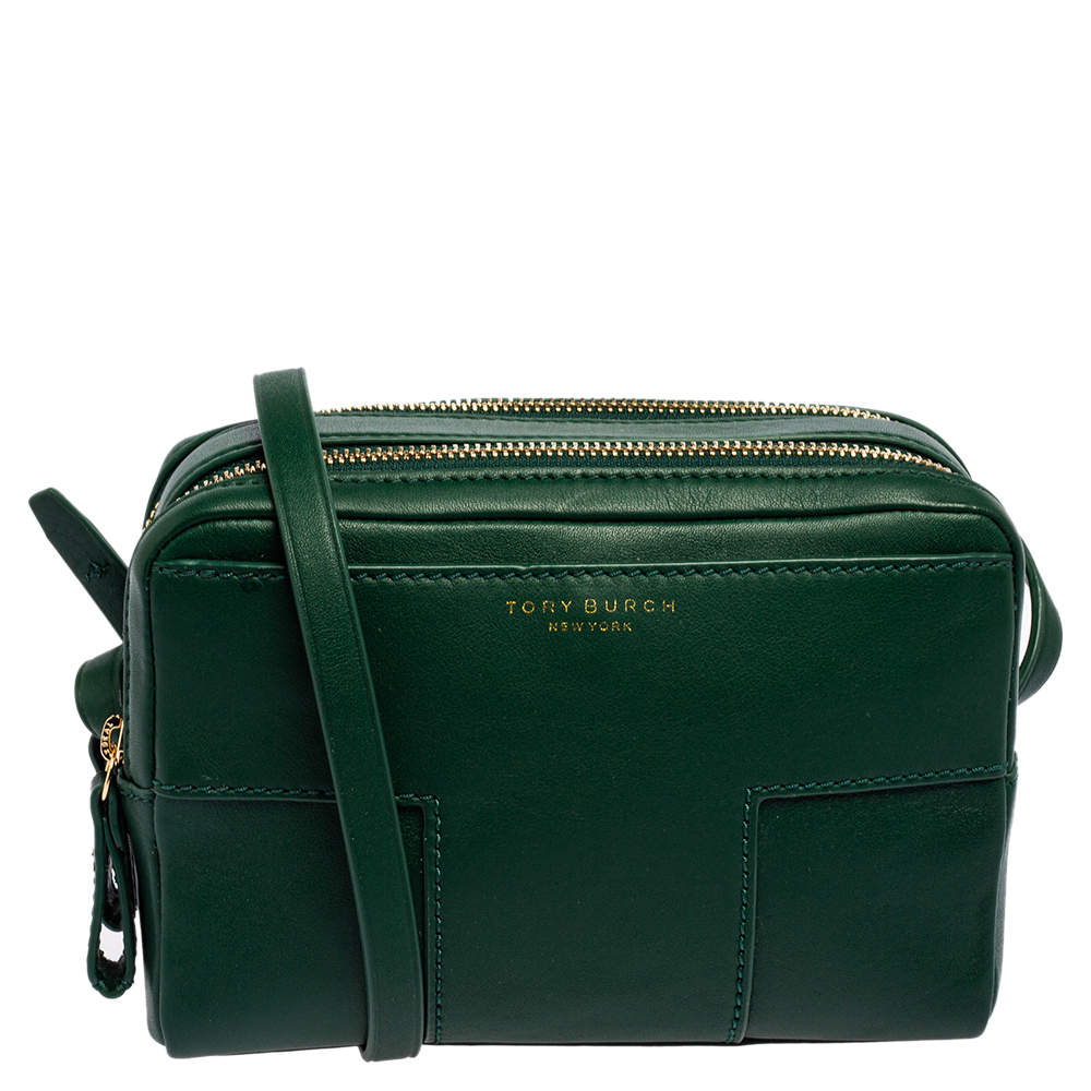 Tory Burch Green Leather Block-T Double Zip Crossbody Bag