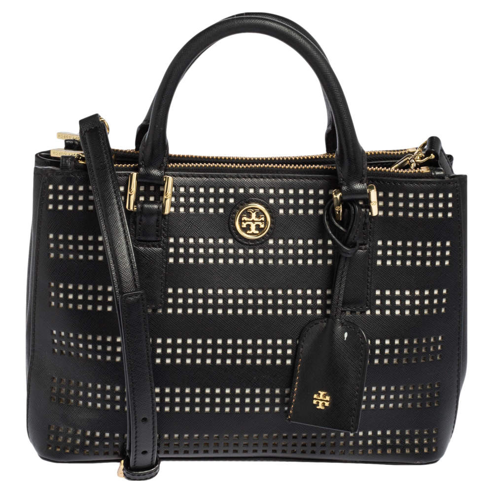 مملوكة مسبقًا Tory Burch Black Perforated Leather Small Robinson Double Zip Tote