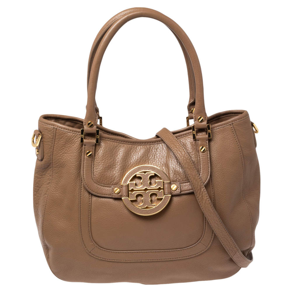 Pre Owned Tory Burch Dark Beige Leather Amanda Hobo