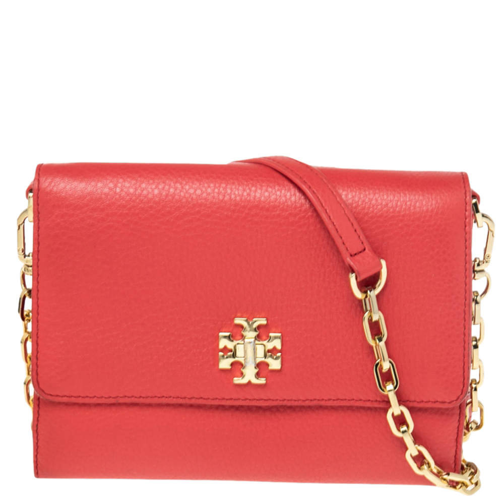 Pre Owned Tory Burch Coral Red Pebbled Leather Kira Crossbody Bag